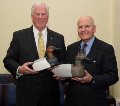 From left, Congressman Mike Thompson (D-St. Helena, Calif.) and John Gray, director of the Smithsonian’s National Museum of American History, with a pair of canvasback duck decoys Thompson made. He donated them to the museum during a reception on Capitol Hill in Washington, DC, on Thursday, March 13, 2014. Photo courtesy of Congressman Mike Thompson's office. 031314duckdecoydonation